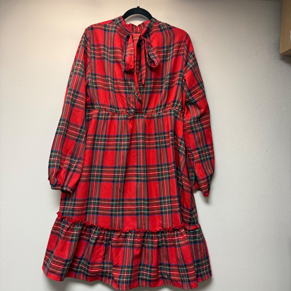 Cupshe Plaid Midi Dress Womens XL Red Excellent Tie Neck Ruffle Tiered Hem